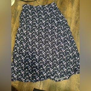 Floral A-Line Midi Skirt in Navy with Pink Flowers